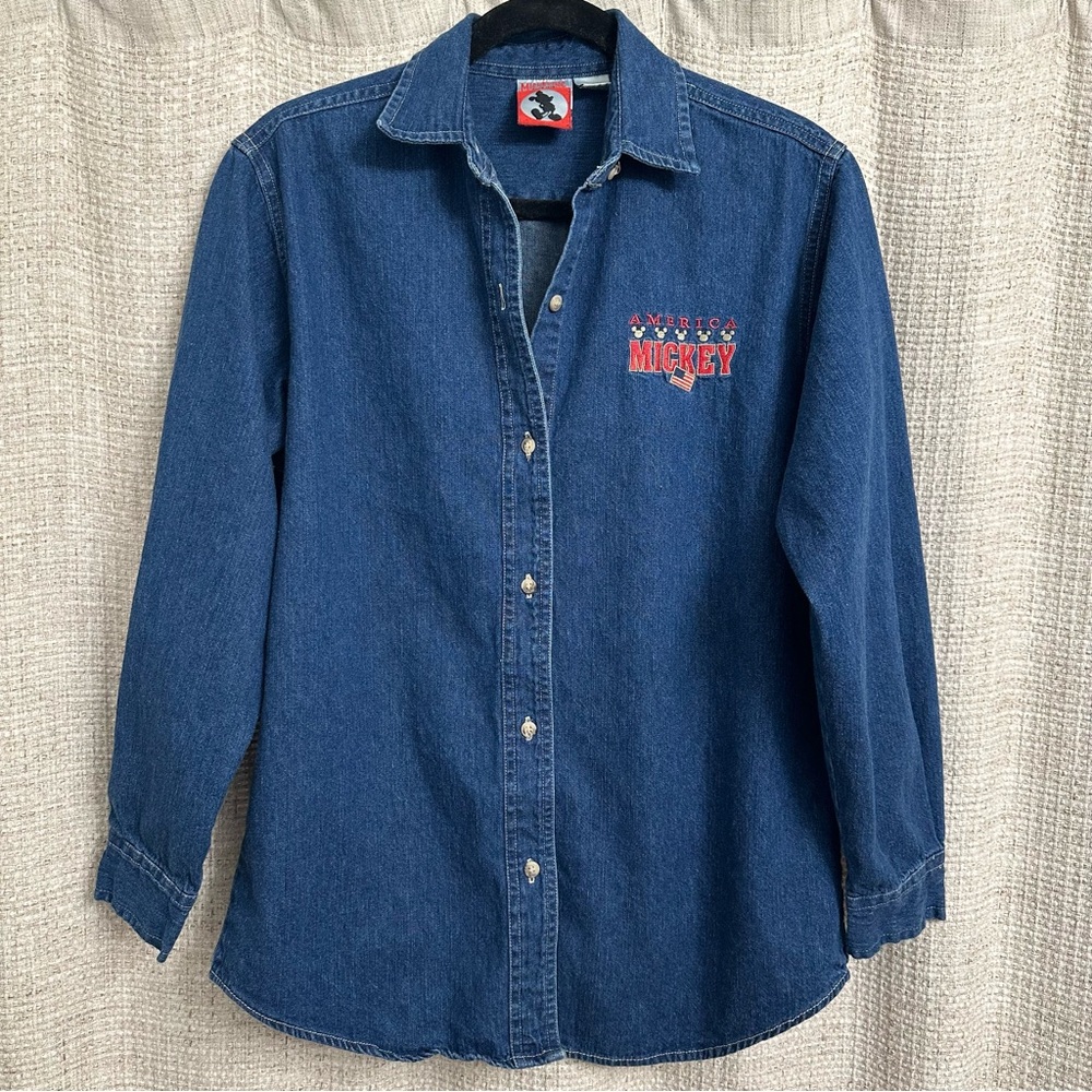 Vintage 90s Disney Mickey Mouse Blue Denim Button Down Shirt America USA Small